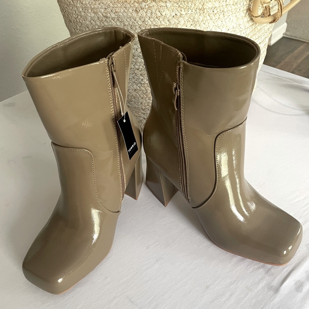 Torrid Glossy Taupe Square Toe Heeled Boots Size 9